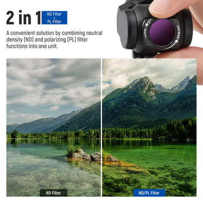 Camera filter with ND and PL functions shown on a scenic mountain lake background