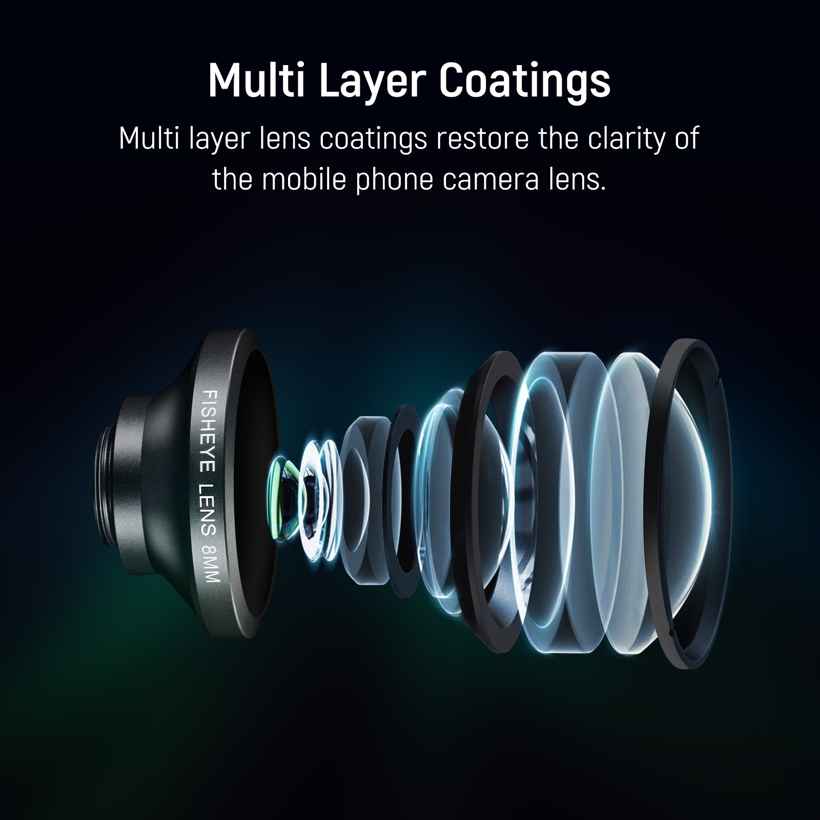 Diagram of a mobile phone camera lens with multi-layer coatings on a dark background