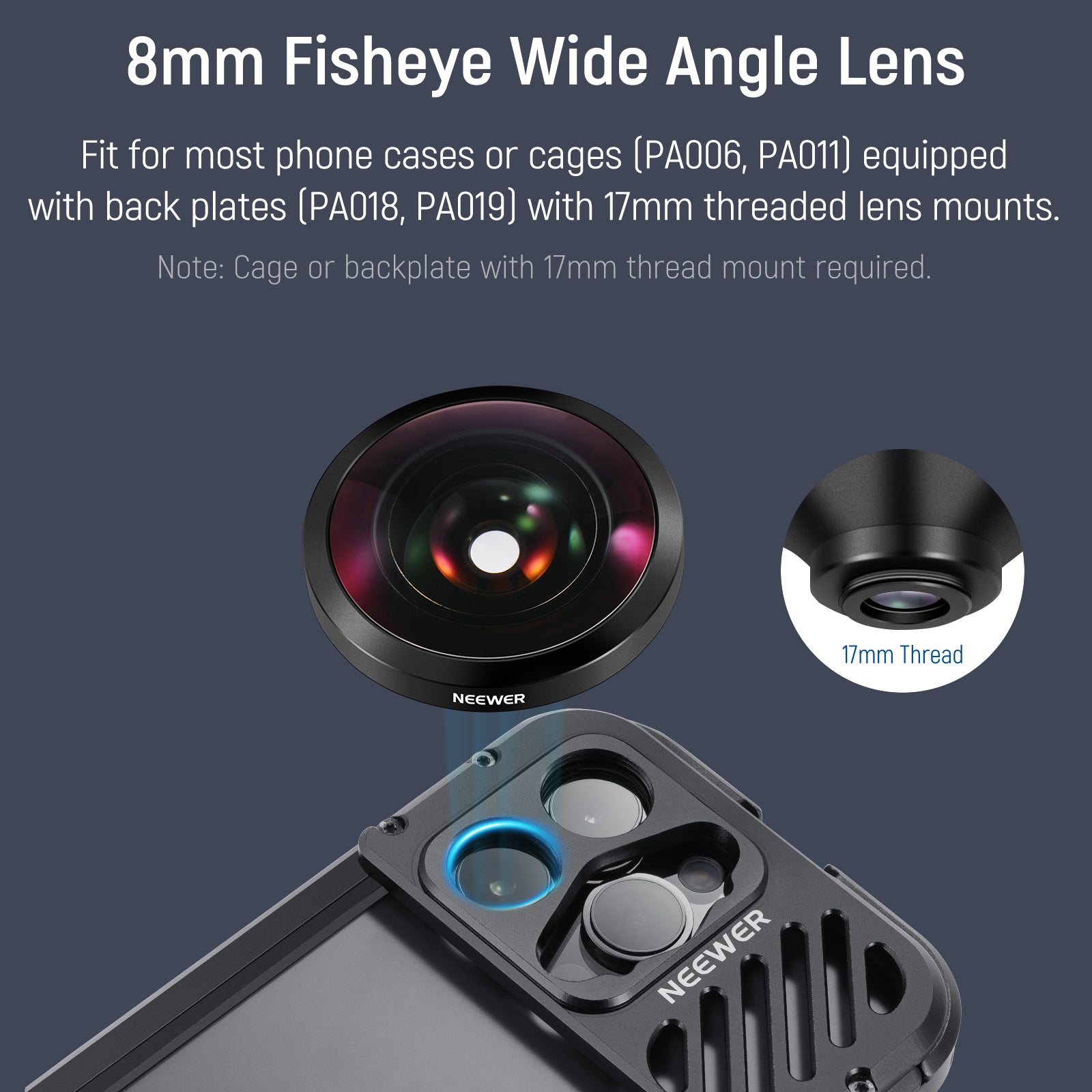 8mm fisheye wide angle lens with smartphone mount on a dark background