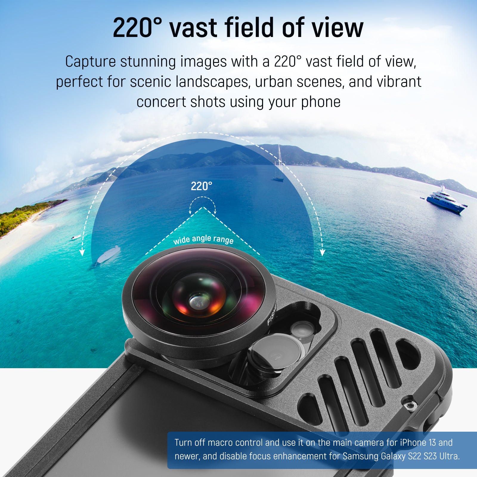 Phone camera lens with wide-angle range and scenic landscape background