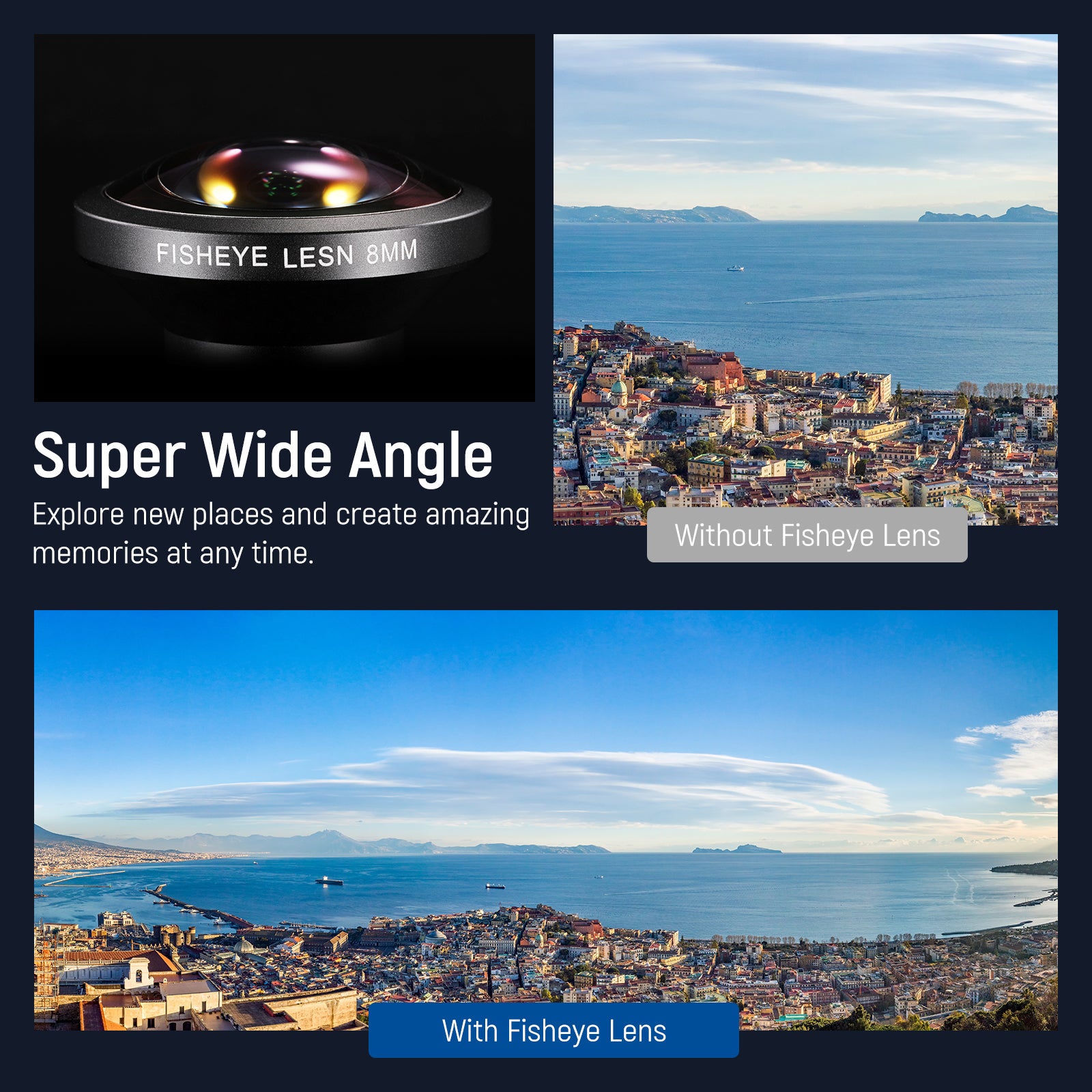 Fisheye lens with a comparison of views with and without the lens, set against a scenic cityscape.