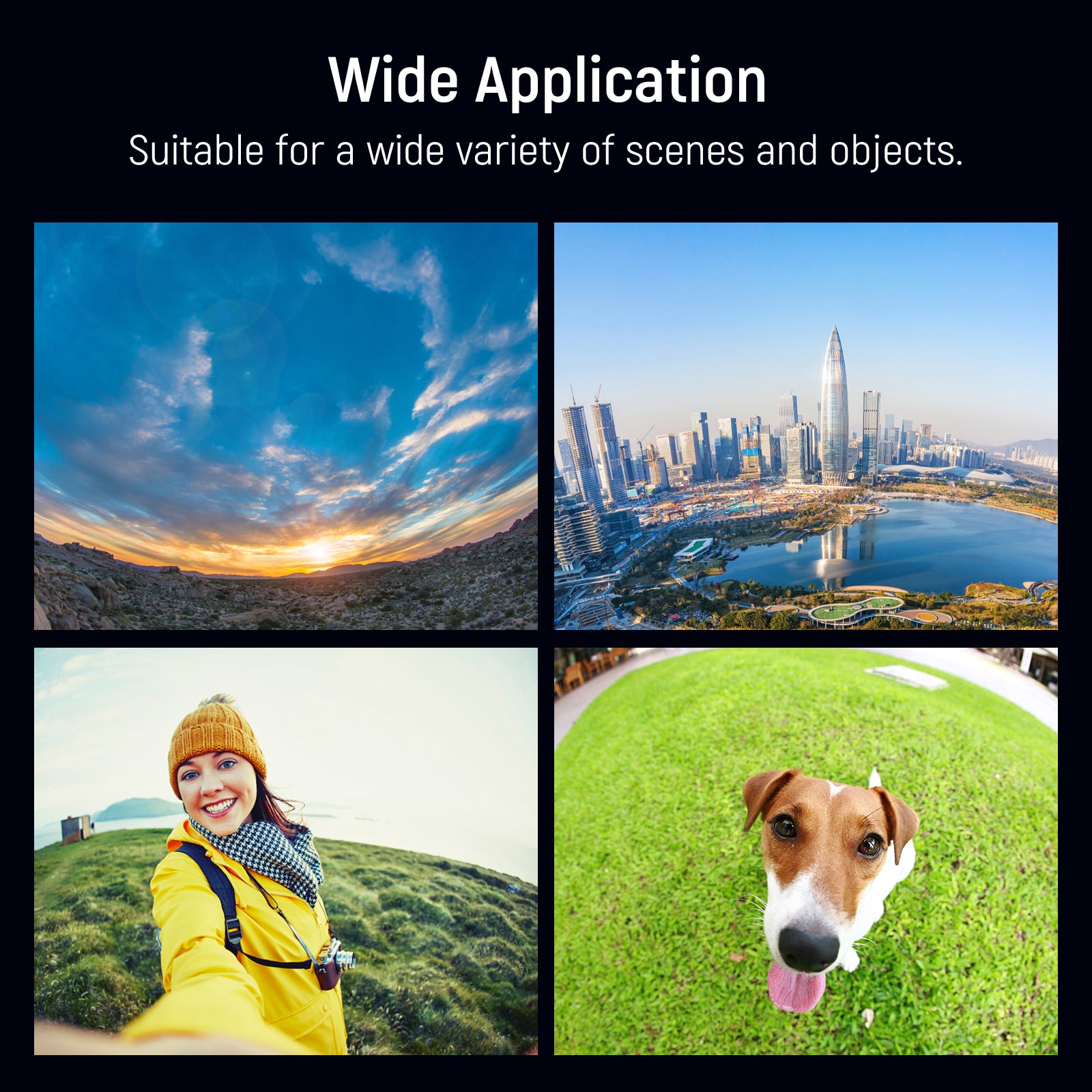 Collage of various scenes including a sunset, cityscape, person with a yellow jacket, and dog on grass.