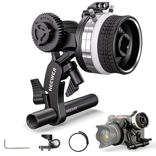 Neewer camera slider system with wheels and camera attachment on a white background