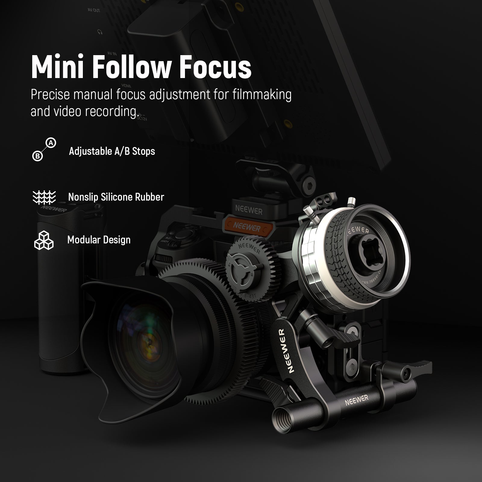 Mini follow focus device for filmmaking on a dark background