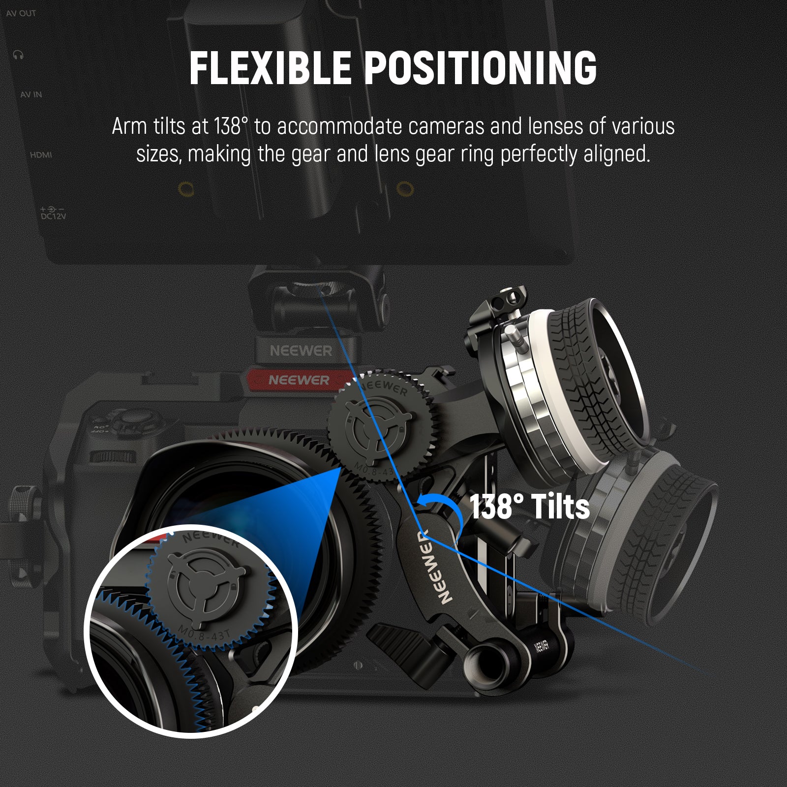 Camera gear and lens mechanism with text on flexible positioning