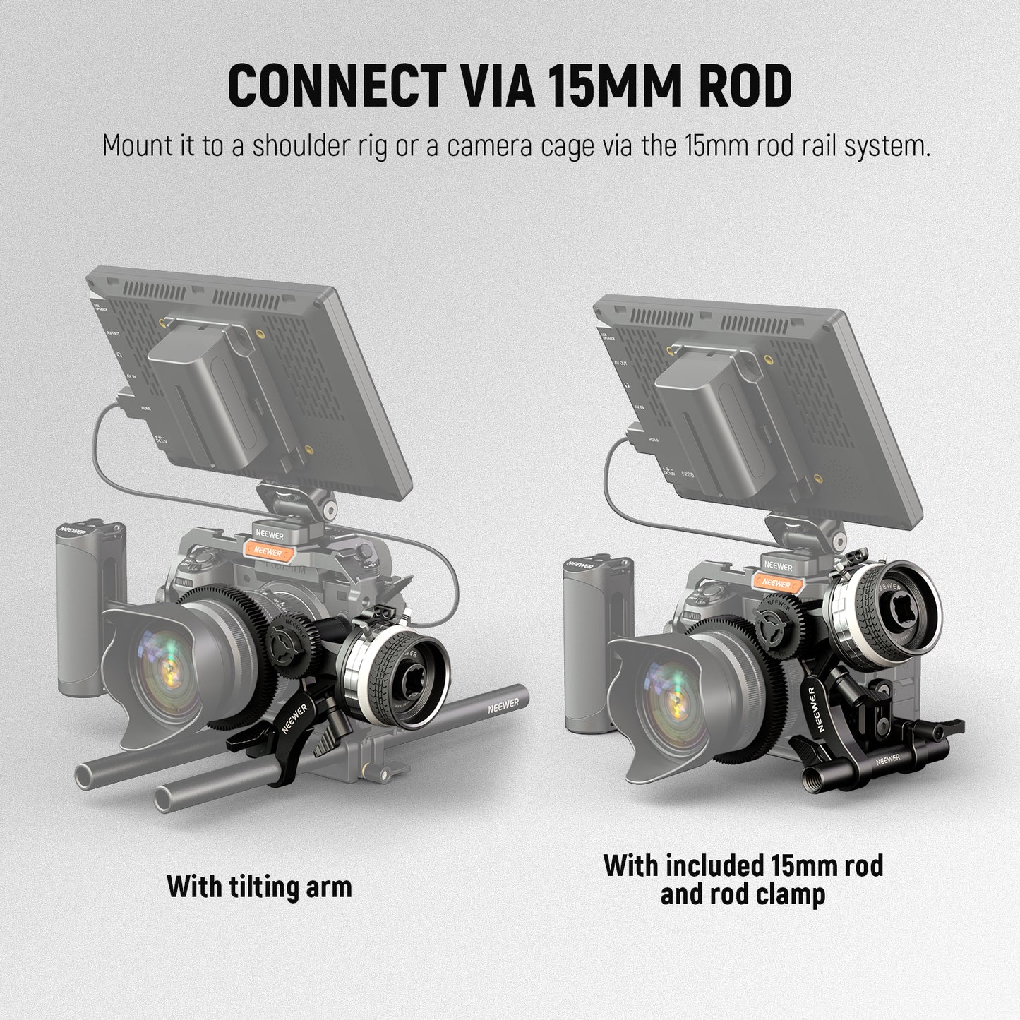 Camera setup with tilting arm and 15mm rod rail system on a gray background