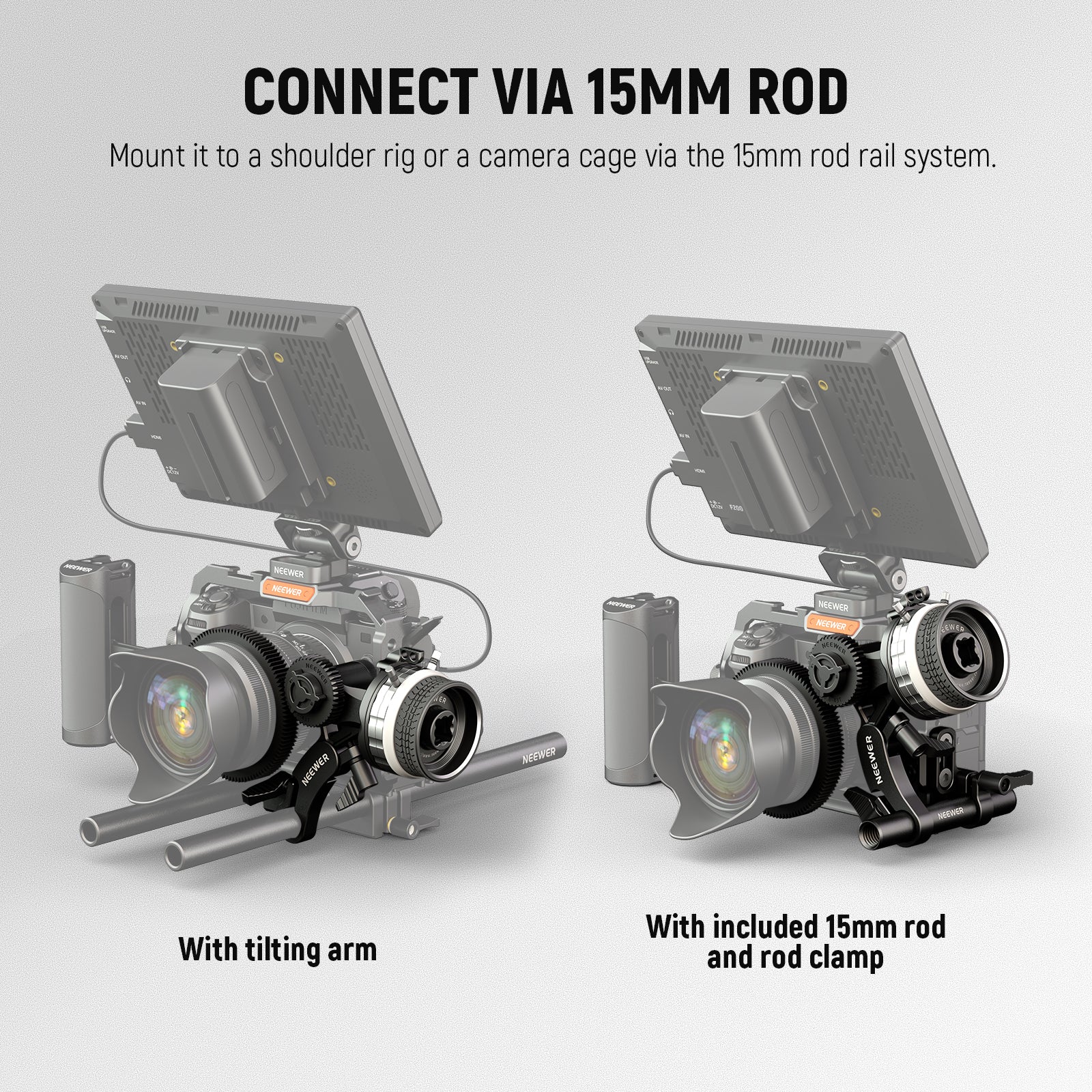 Camera setup with tilting arm and 15mm rod rail system on a gray background