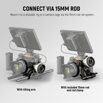 Camera setup with tilting arm and 15mm rod rail system on a gray background