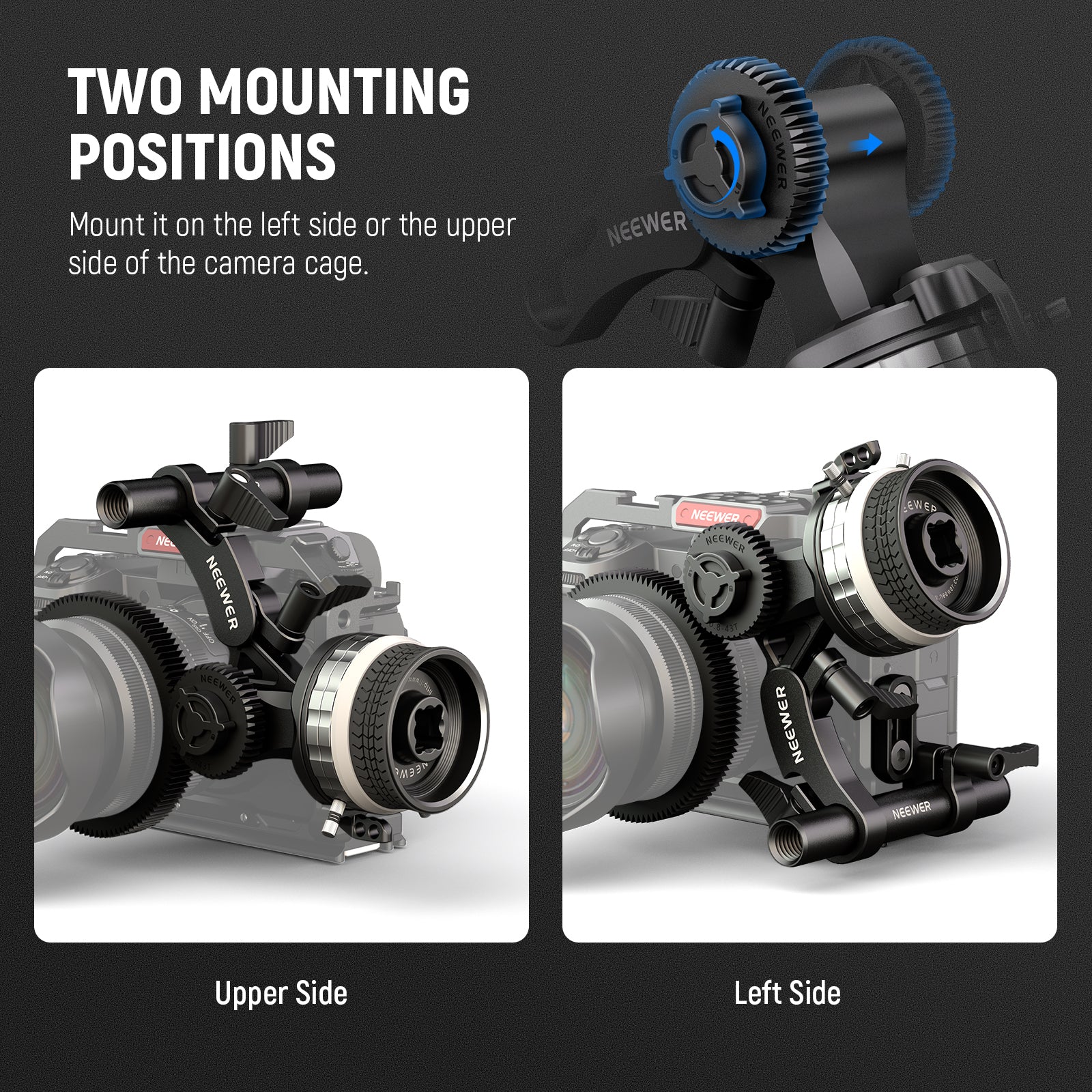 Camera mount with two mounting positions on a black background