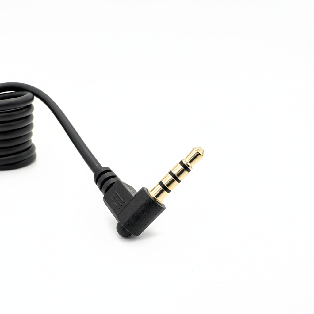 Black audio video coiled cable with 3.5mm OMTP jack on a white background for Immersion PowerPlay