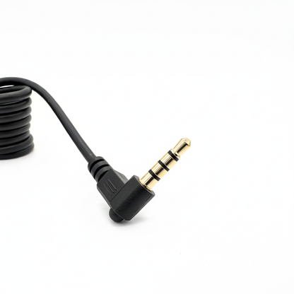 Black audio video coiled cable with 3.5mm OMTP jack on a white background for Immersion PowerPlay