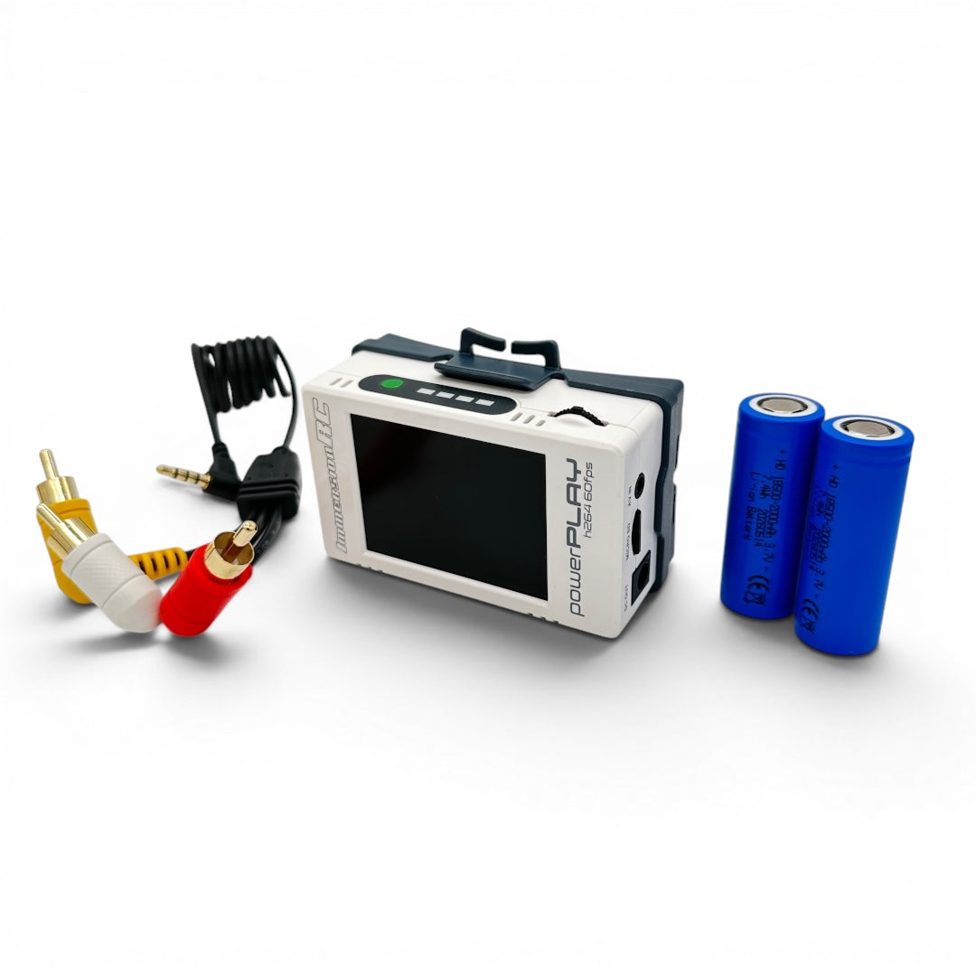 ImmersionRC PowerPlay DVR with the 3-RCA camcorder A/V cable and two 18500 Li-ion batteries included in this kit