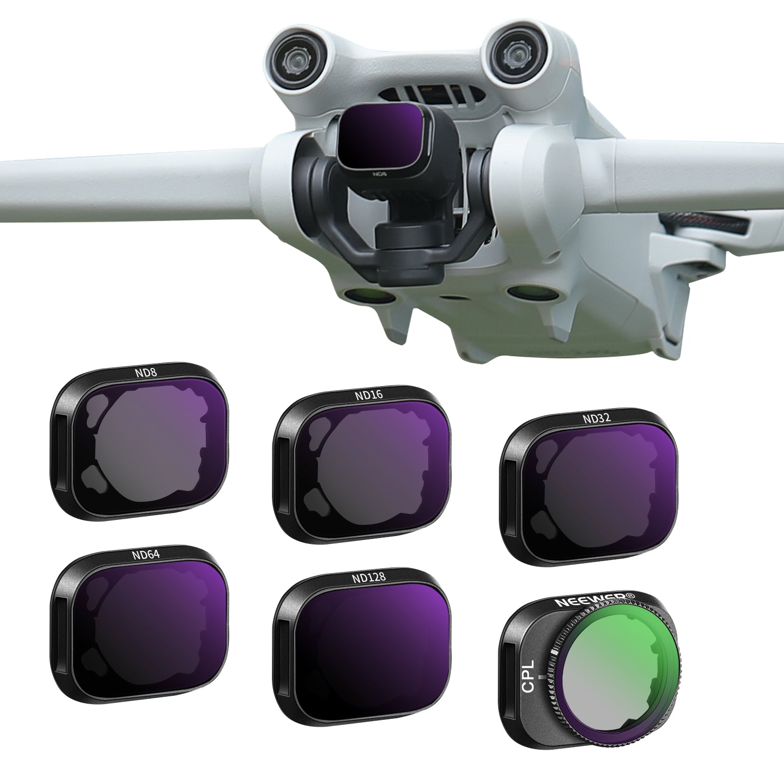 Drone with lens filters displayed below on a white background