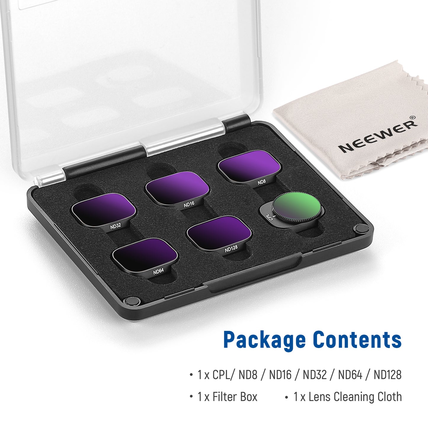 Set of camera filters in a case with a lens cleaning cloth, Neewer brand visible.