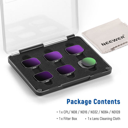 Set of camera filters in a case with a lens cleaning cloth, Neewer brand visible.