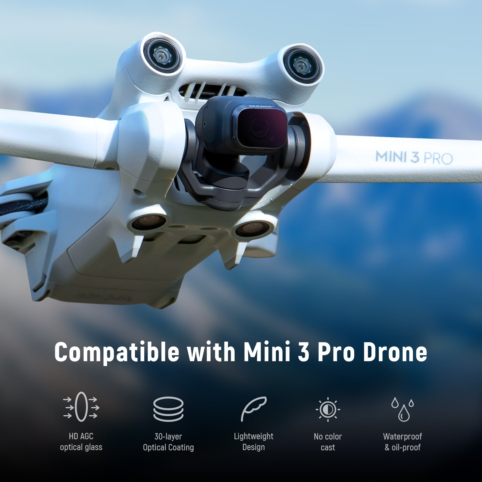 White drone labeled 'Mini 3 Pro' with text about compatibility and features on a blurred background