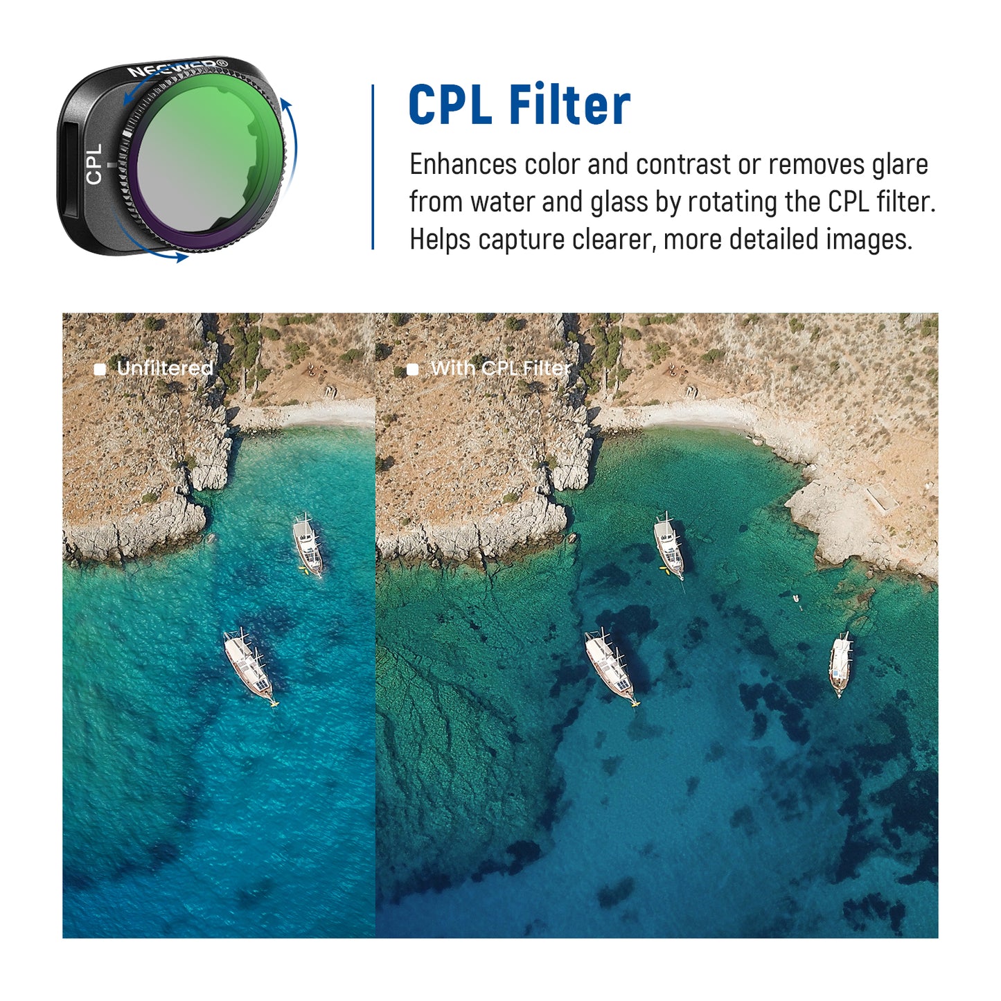 CPL filter demonstration on a scenic water view with boats, showing before and after effects.