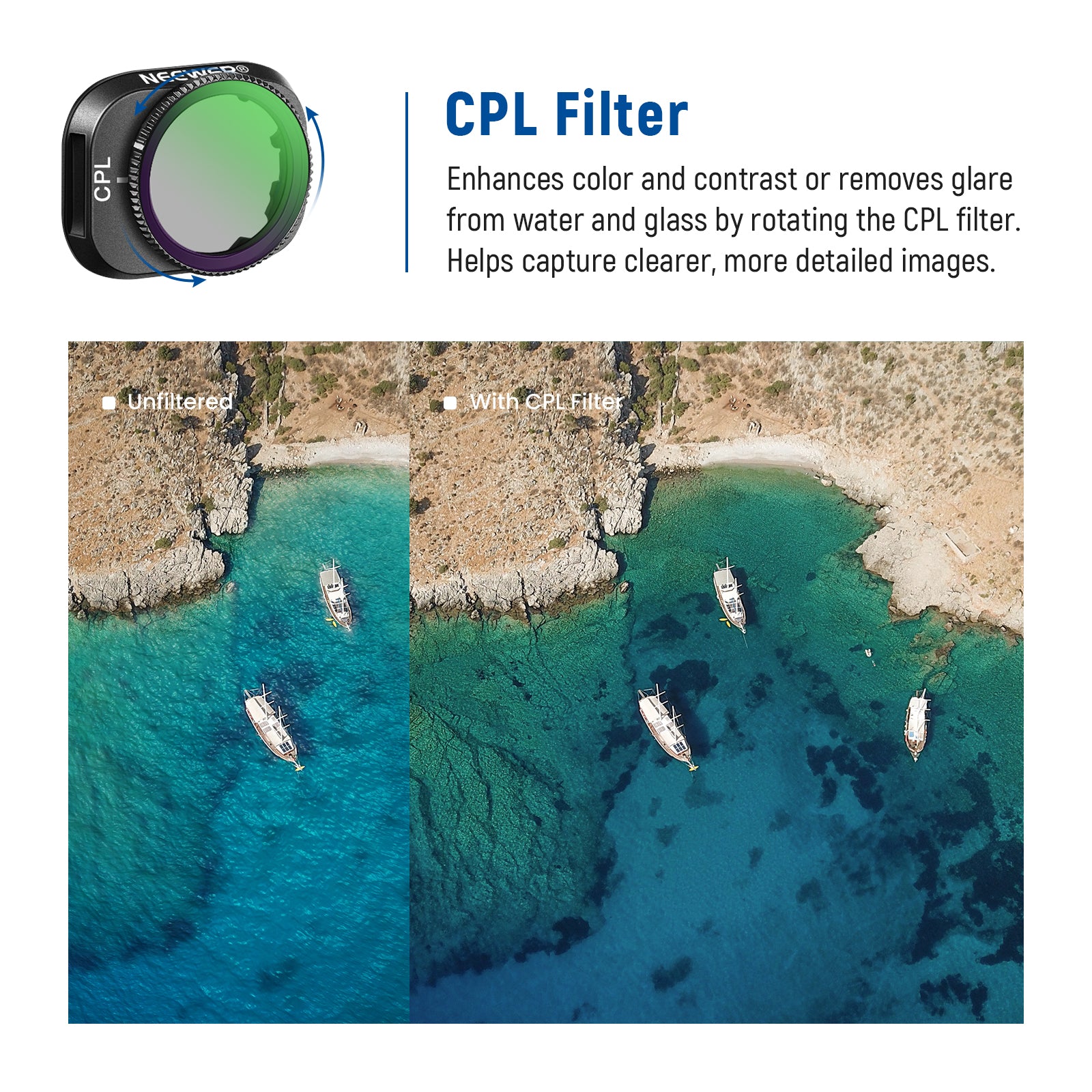 CPL filter demonstration on a scenic water view with boats, showing before and after effects.