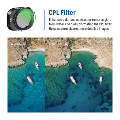 CPL filter demonstration on a scenic water view with boats, showing before and after effects.