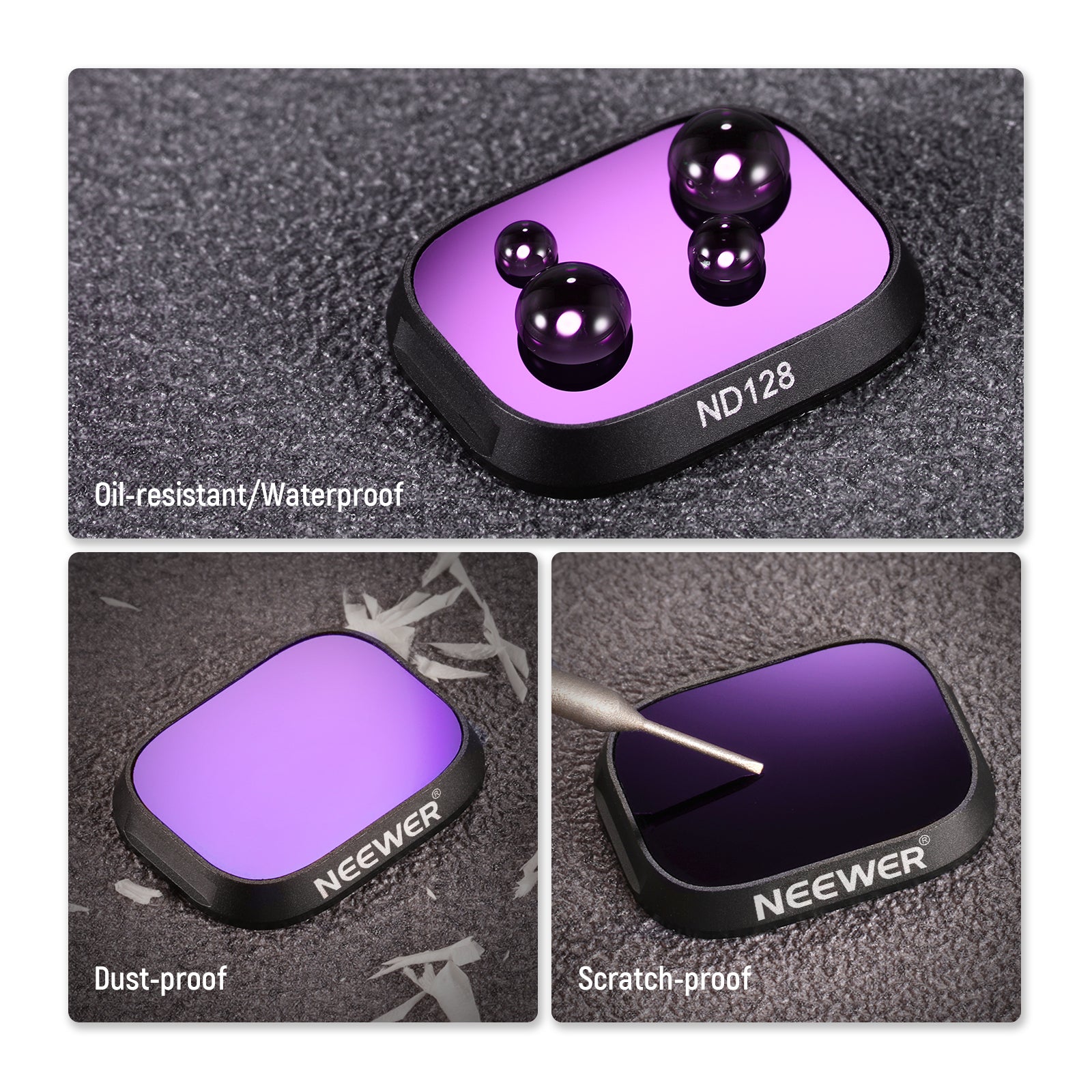 Purple camera lens cap with black accents and 'Neewer' branding, shown on a textured gray background.