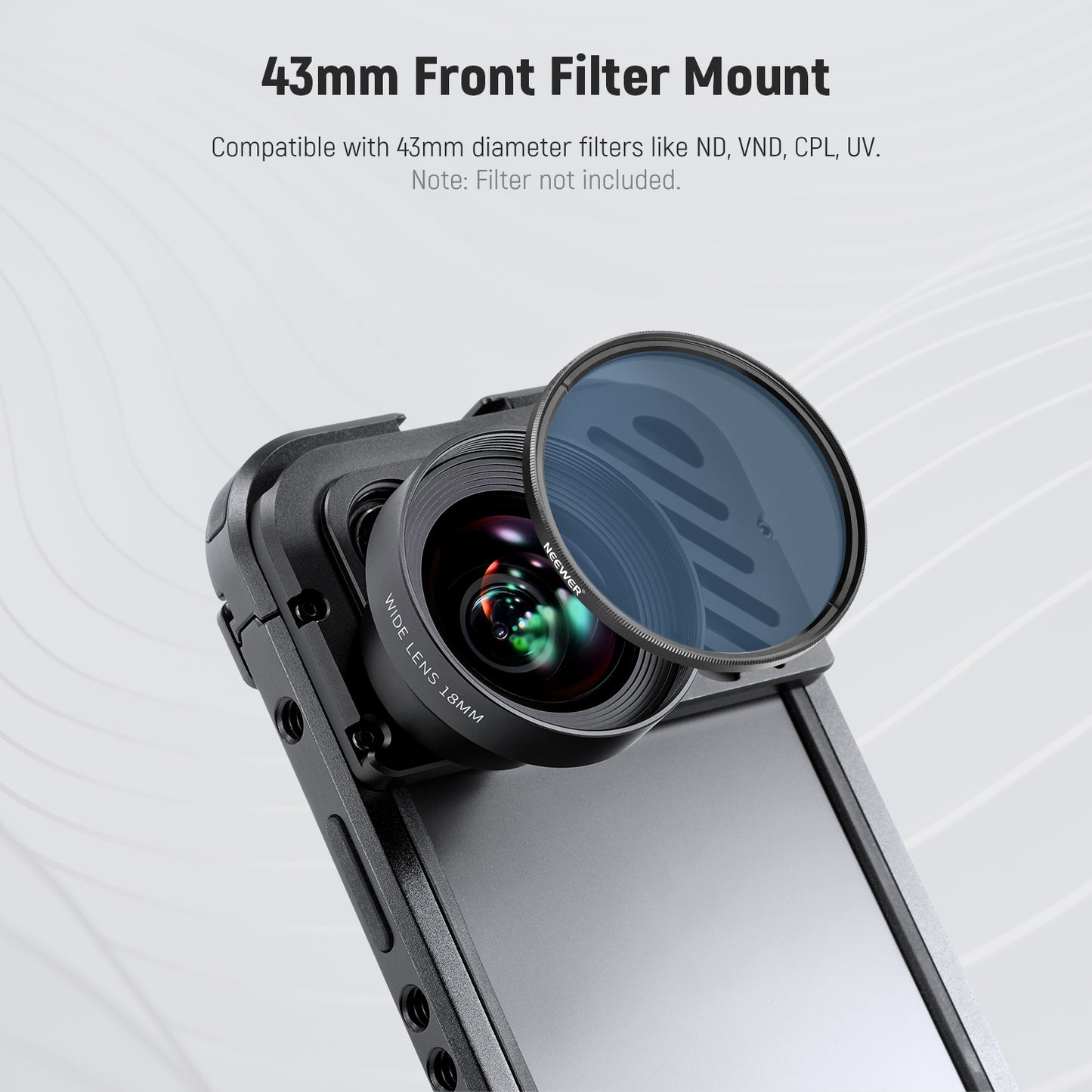 43mm front filter mount on a smartphone with text about compatibility and features.