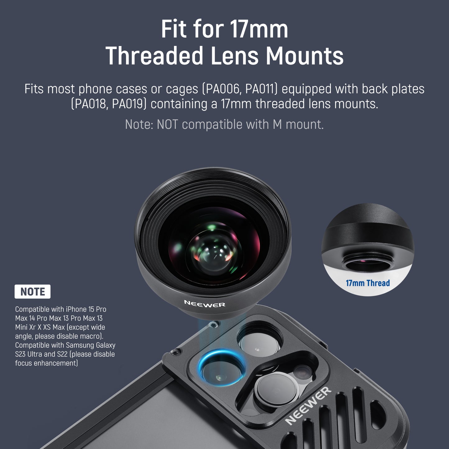 Neewer phone lens adapter with threaded lens mount on a dark background