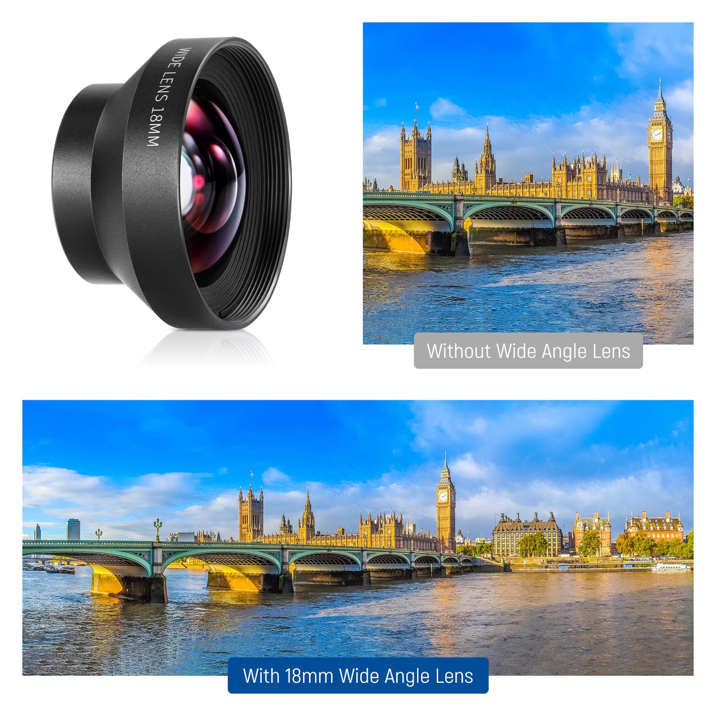 18mm wide-angle lens with a comparison of a scene without and with the lens applied.