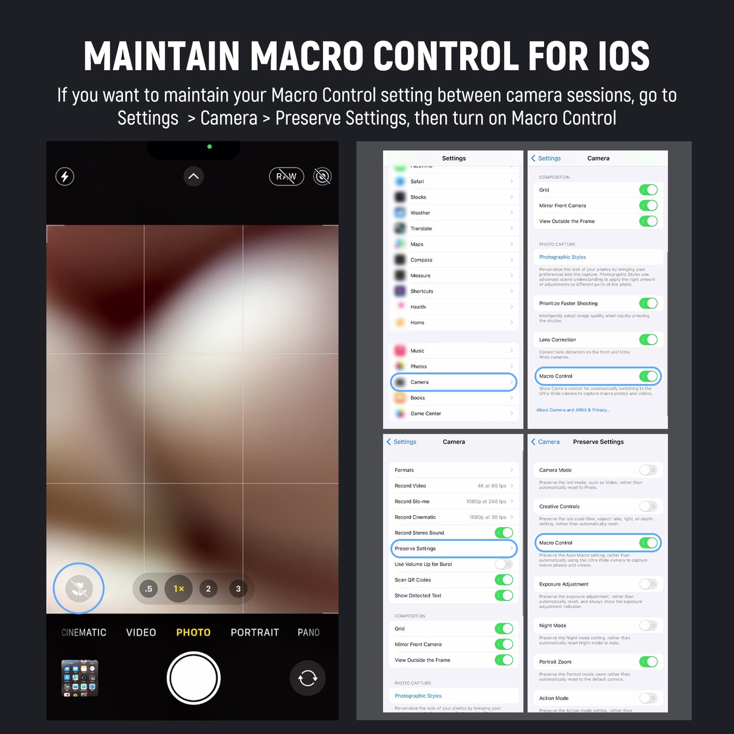 Phone camera app interface with settings for macro control on a black background