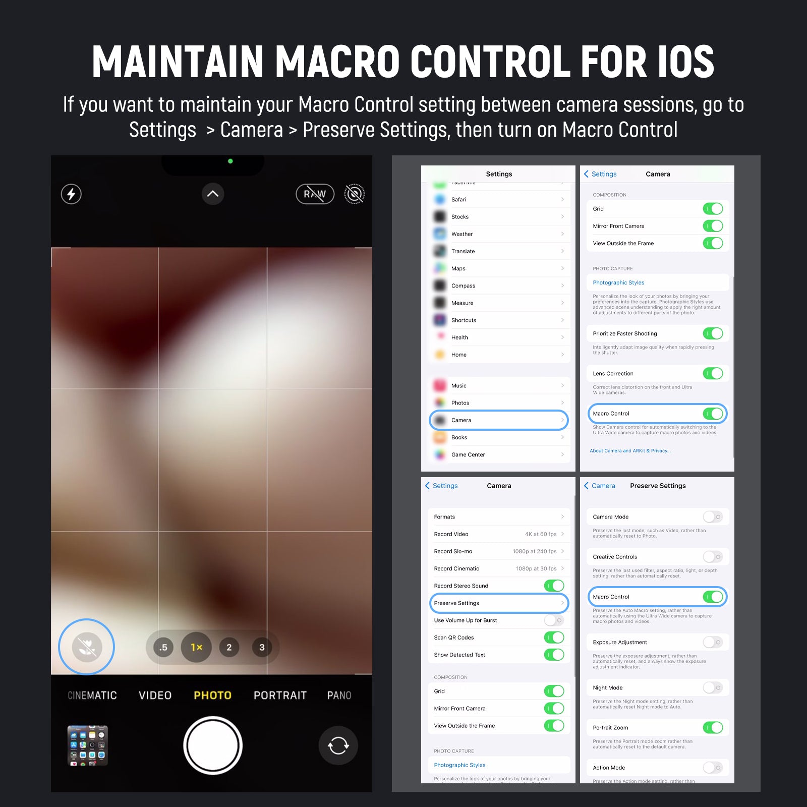 Phone camera app interface with settings for macro control on a black background