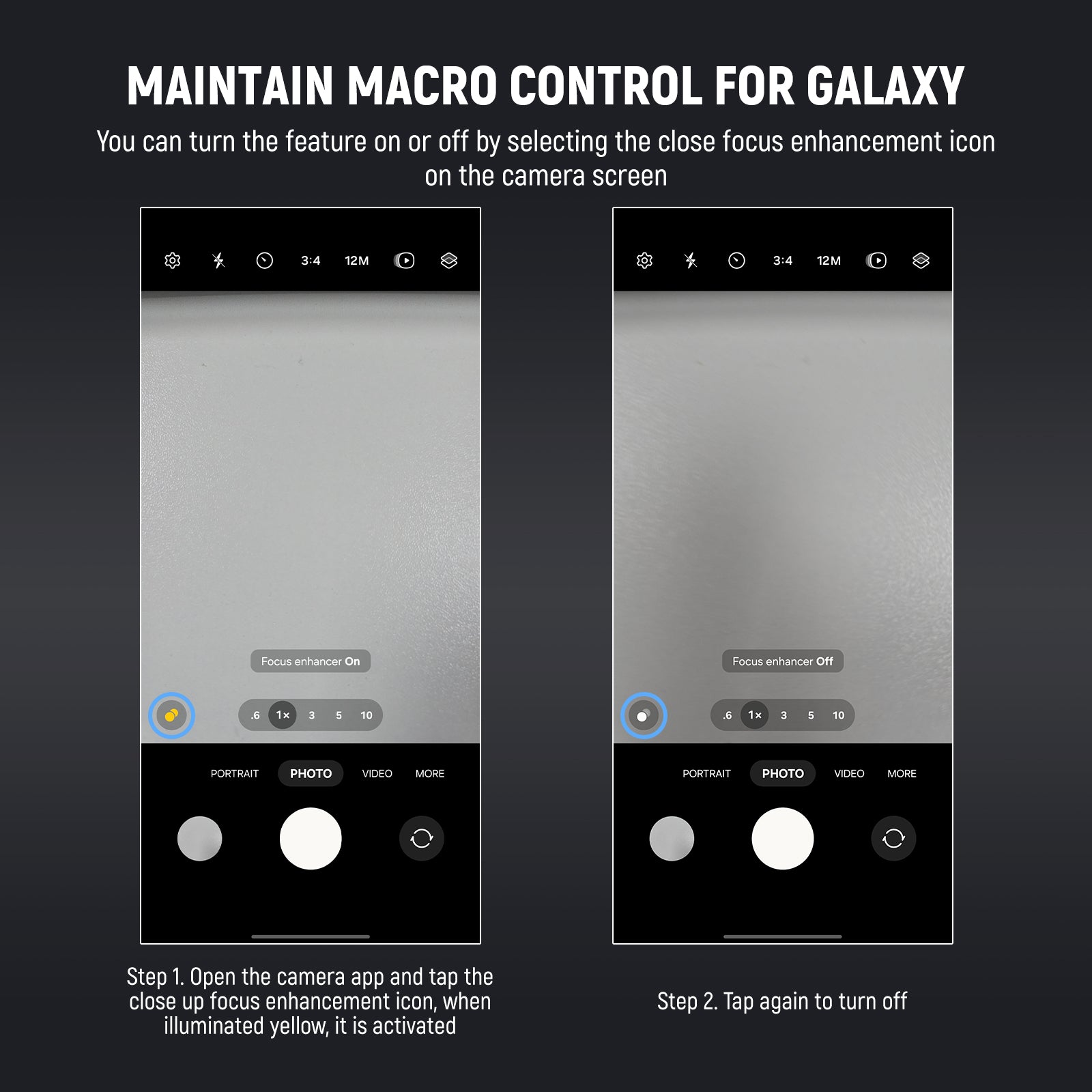 Two smartphone screens showing macro control features with text instructions on a dark background.