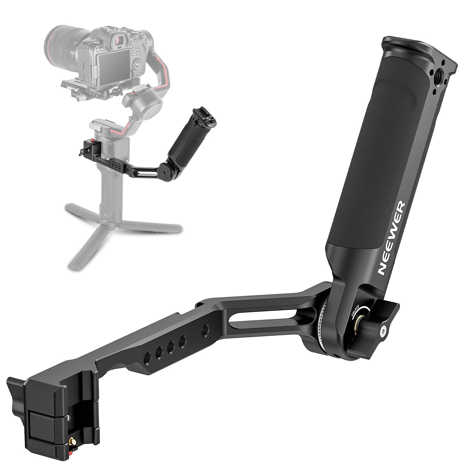 Camera stabilizer with a camera attached on a white background, featuring the brand 'Neewer'.