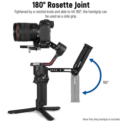 Camera stabilizer with 180-degree rosette joint feature on a white background