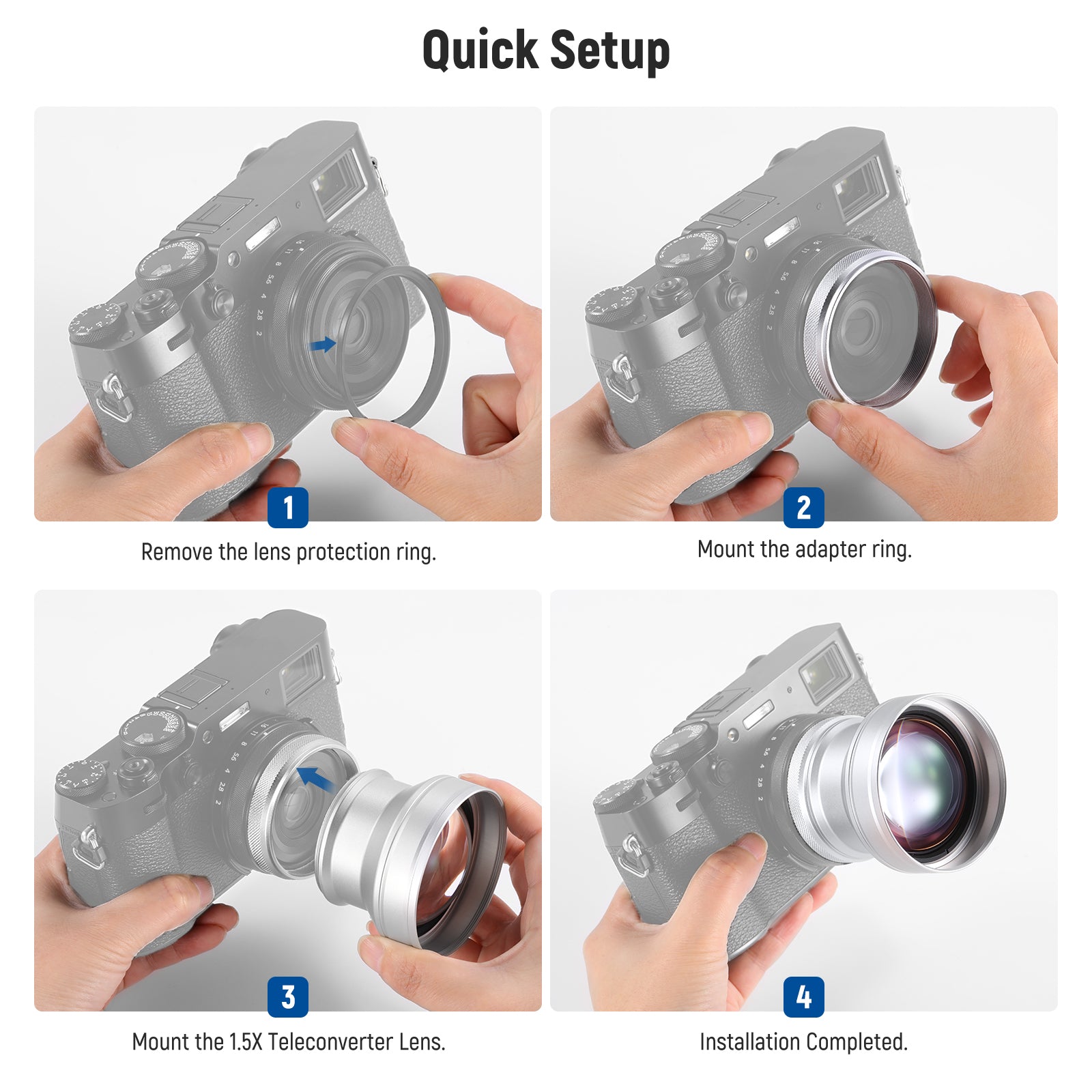 Step-by-step guide on how to install a camera lens with text labels.