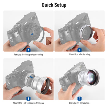 Step-by-step guide on how to install a camera lens with text labels.