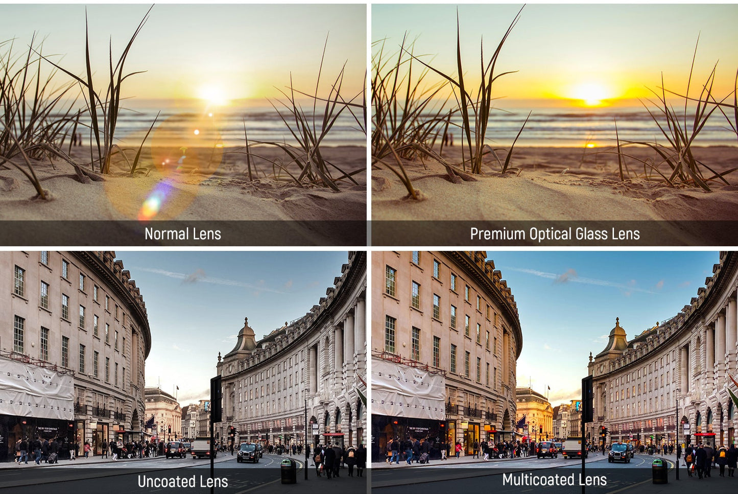 Comparison of lens effects on different scenes including a woman with flowers, sunset, and city street.