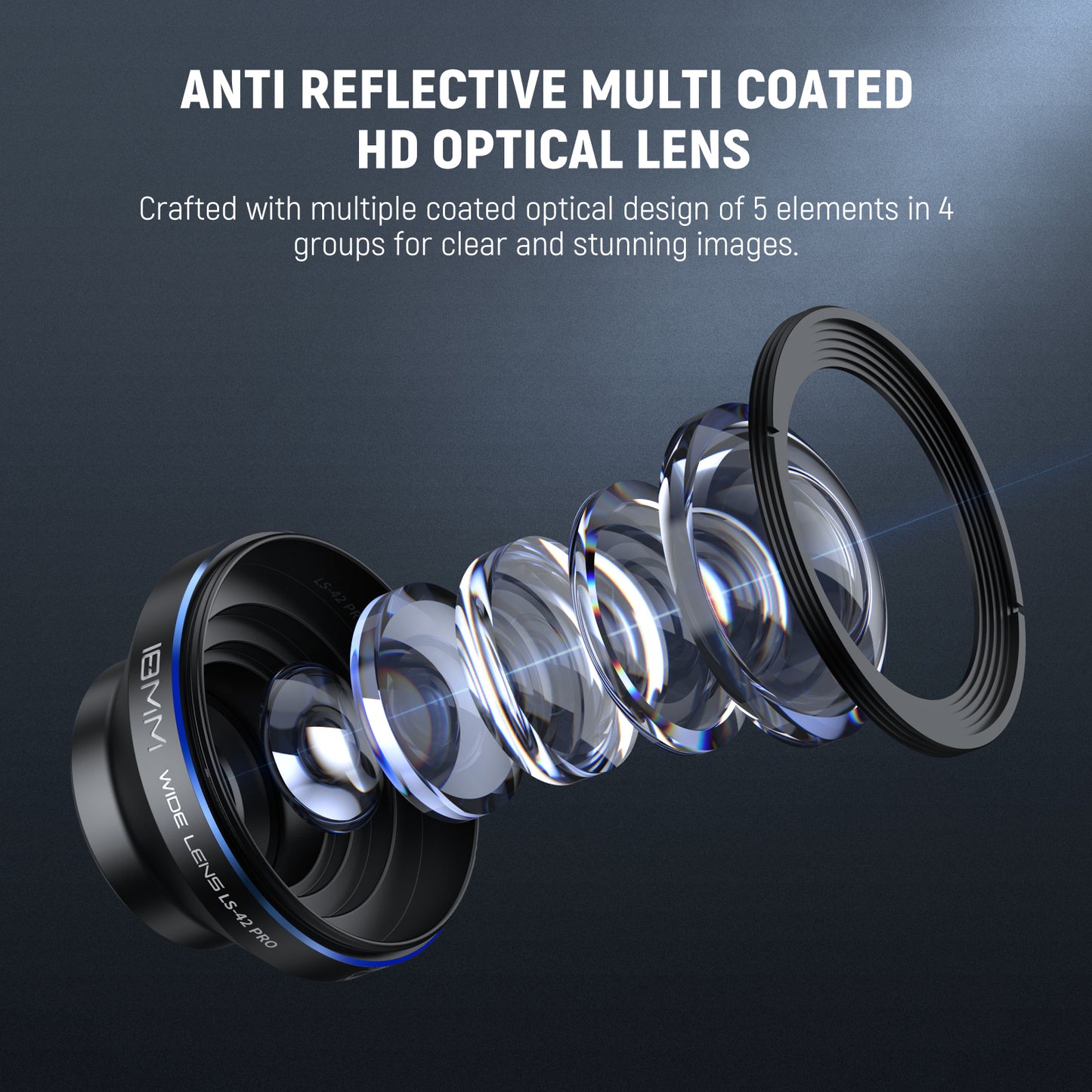 Anti-reflective multi-coated HD optical lens with detailed design on a dark background