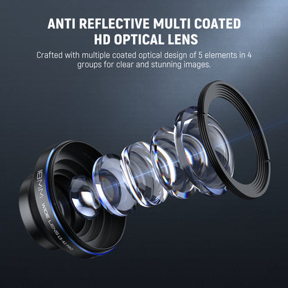 Anti-reflective multi-coated HD optical lens with detailed design on a dark background