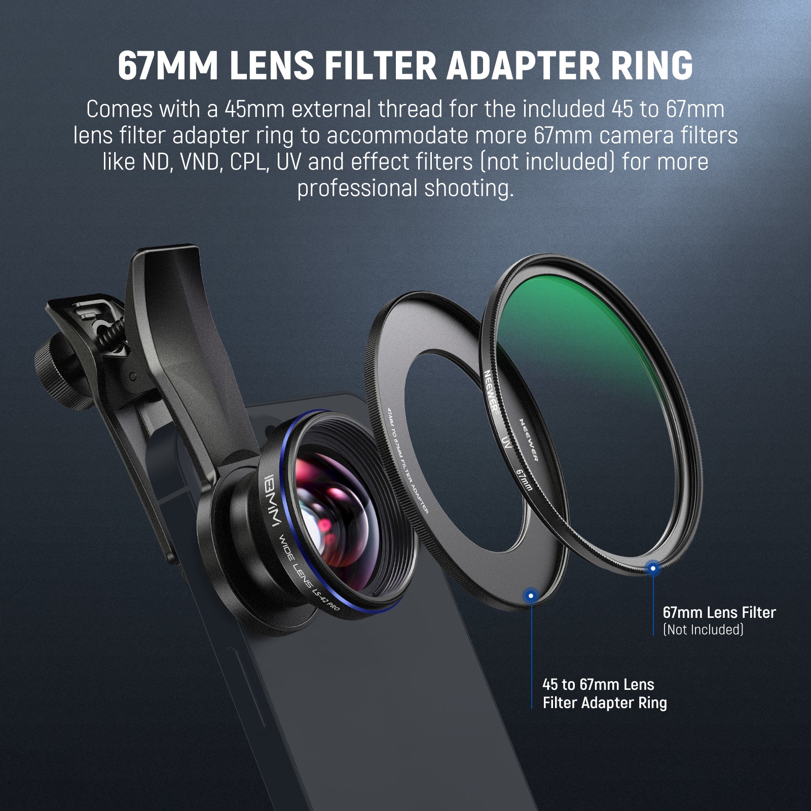 67mm lens filter adapter ring with additional filters on a dark background