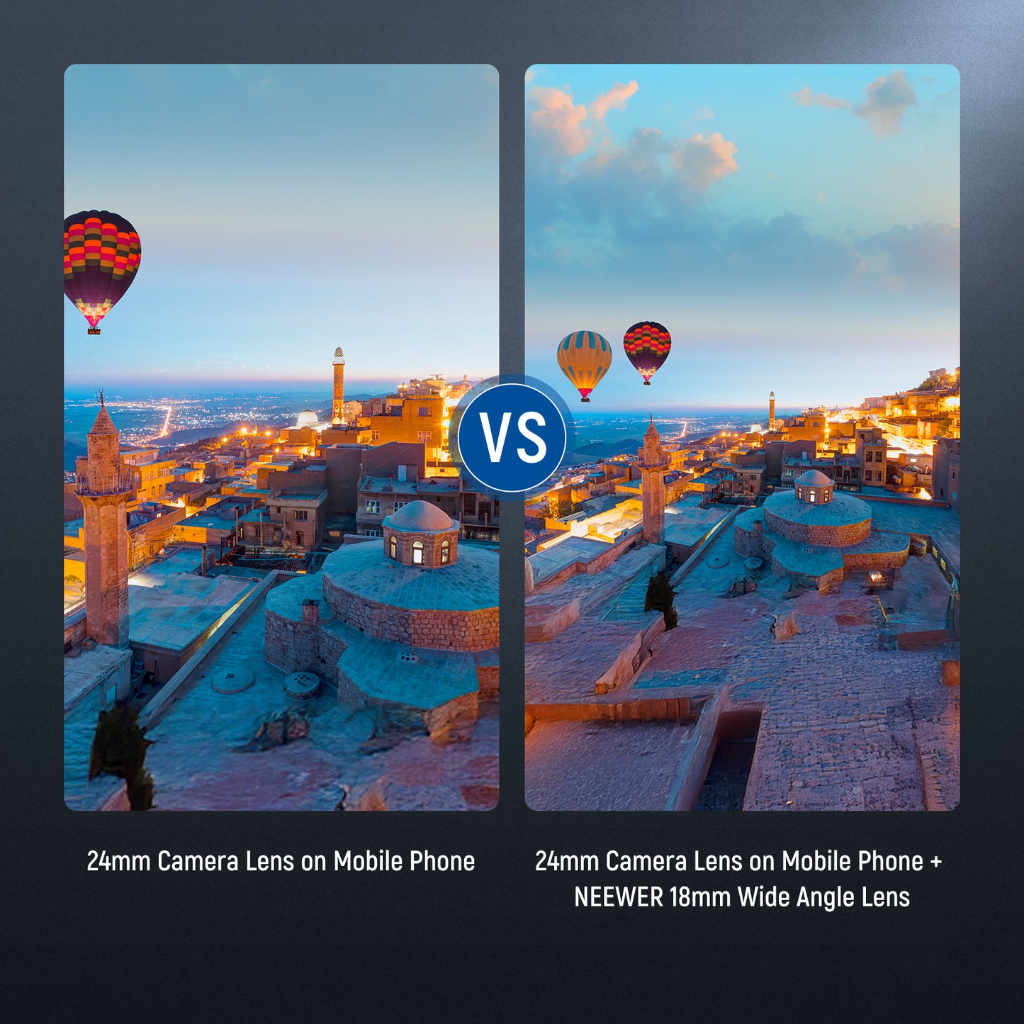 Comparison of two images of a cityscape with hot air balloons, one taken with a 24mm camera lens on a mobile phone, the other with a 24mm camera lens on a mobile phone and NEEWER 18mm wide angle lens.