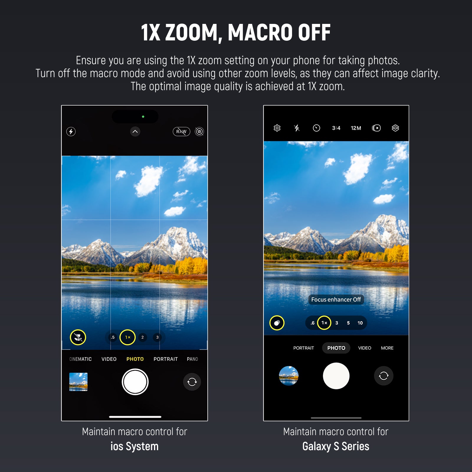 Two smartphone screens showing camera app interfaces with mountain landscape