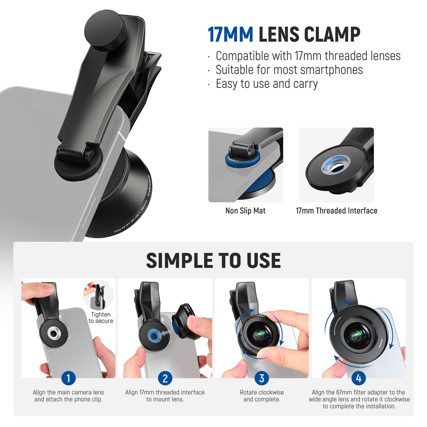 17mm lens clamp with installation instructions on a white background