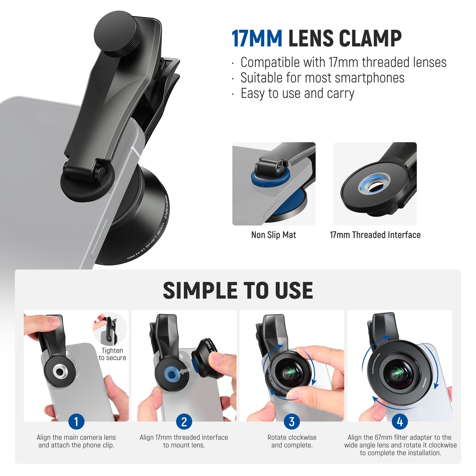 17mm lens clamp with installation instructions on a white background