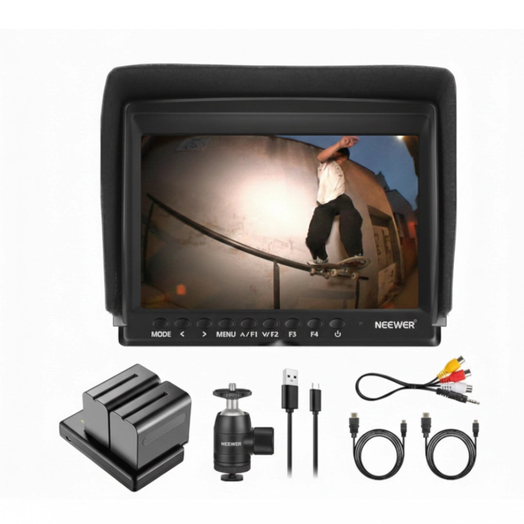 7-inch camera monitor with accessories on a white background, featuring the Neewer brand.