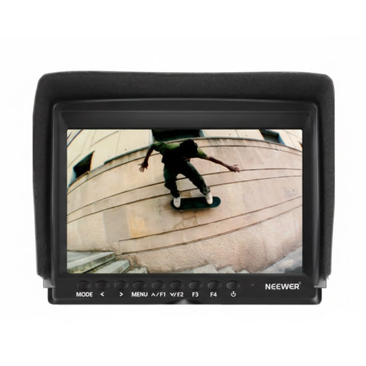 7-inch camera monitor displaying a person skateboarding, with 'Neewer' branding.
