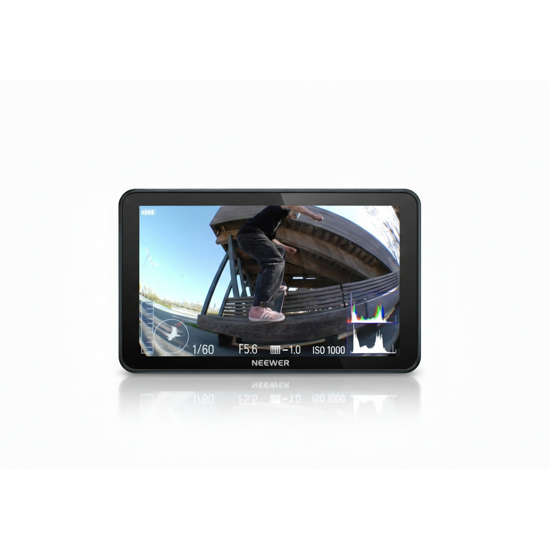 Small screen displaying a video of a person skateboarding, with 'Neewer' branding visible.