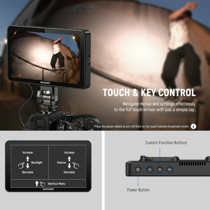 Camera monitor with touch and key control features, displaying a skateboarder in the background.