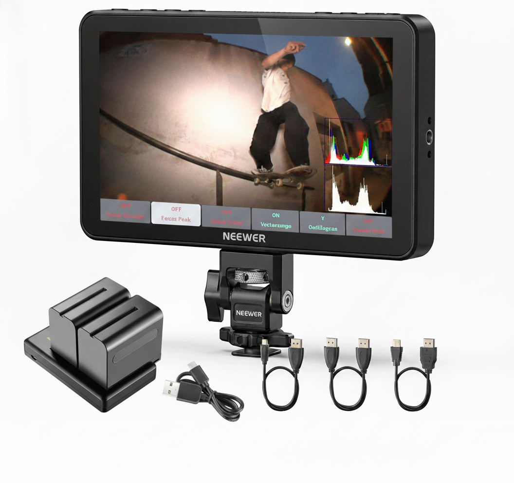 Camera monitor with accessories on a white background, featuring the brand 'Neewer'.
