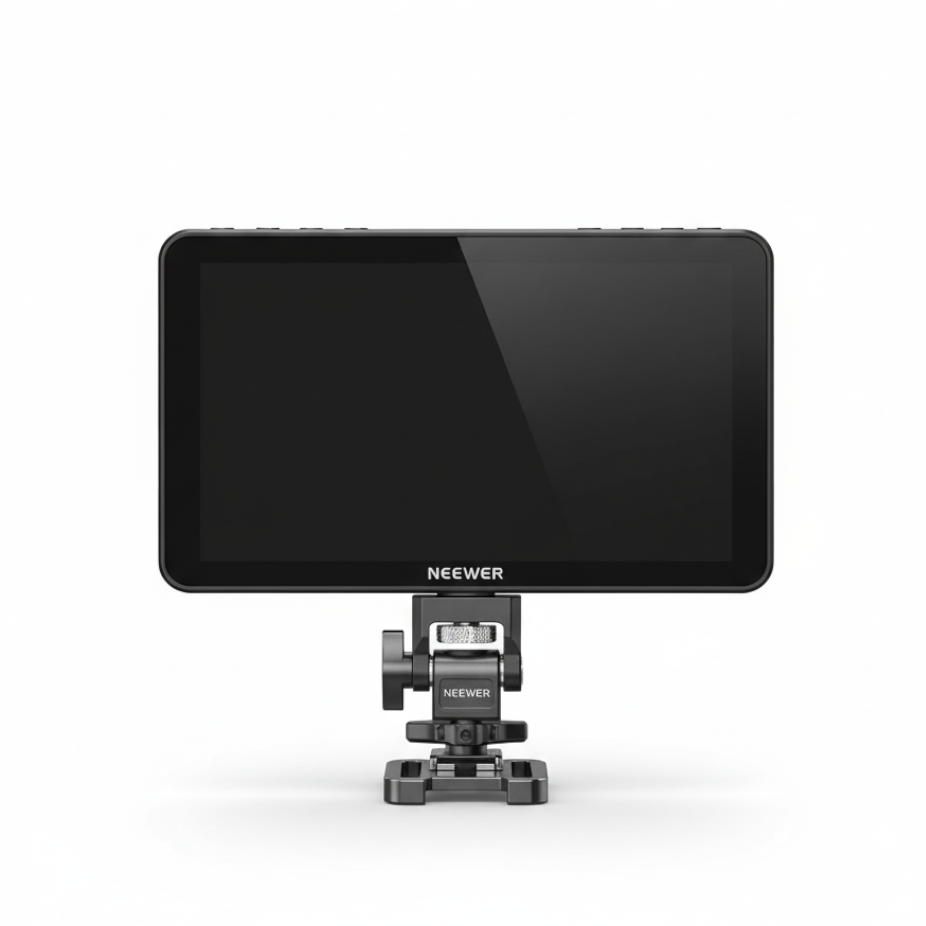 Camera monitor with stand on a white background, branded 'Neewer'.