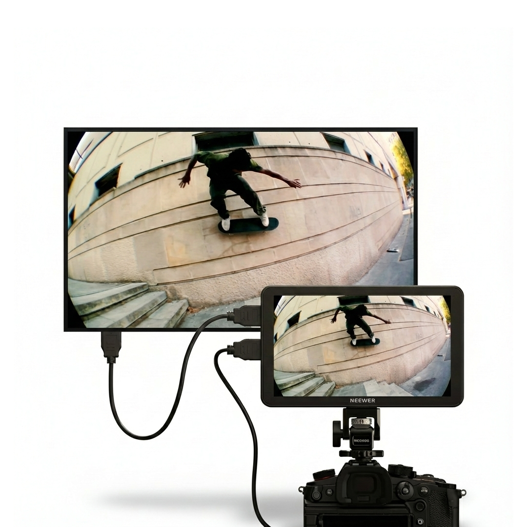 Camera with monitor displaying a skateboarder, connected by a cable.