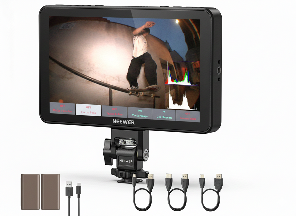 Neewer camera monitor with accessories on a white background